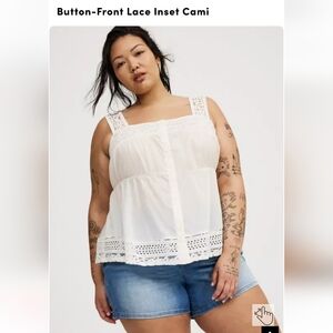 Torrid Button-Front Lace Inset Cami - White Size 00 16